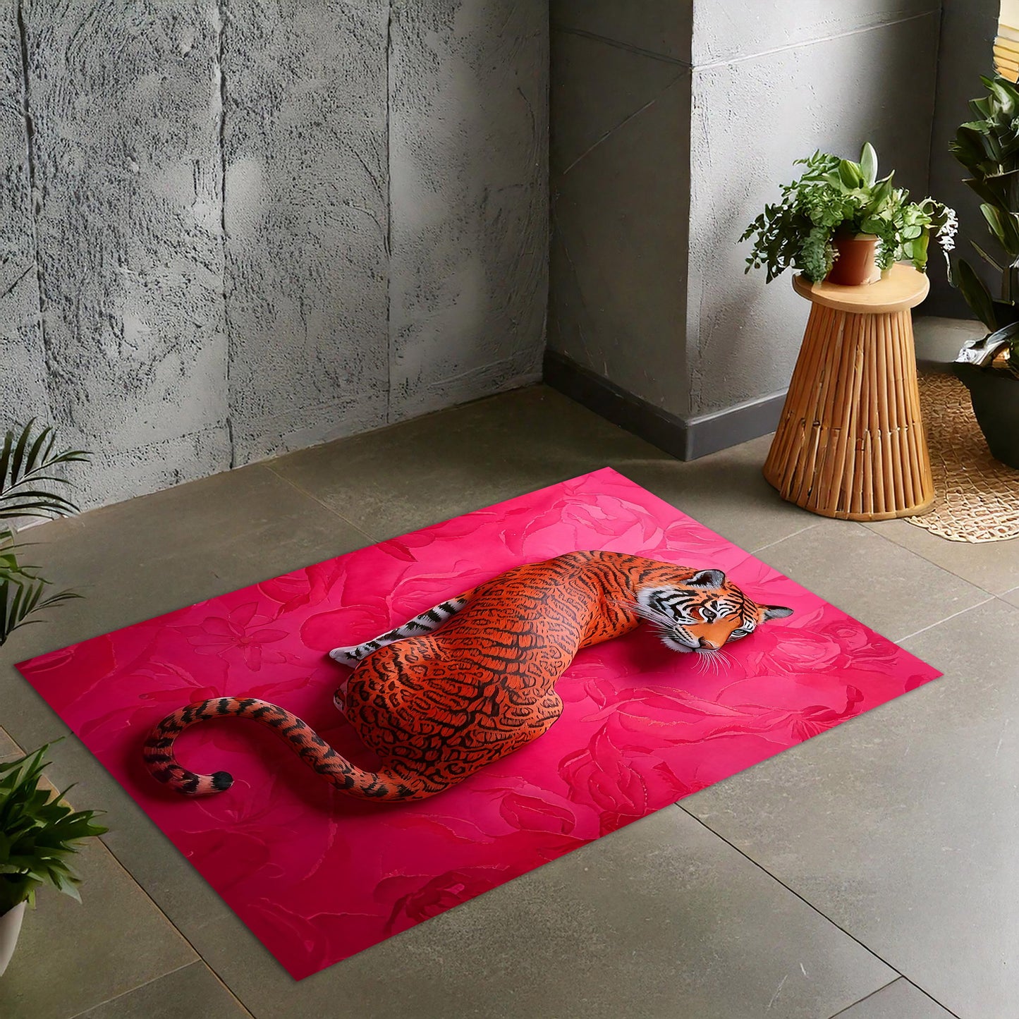Pembe Arka Planlı Kaplan Temalı Halı | Vahşi Güzellik ve Zarafet
