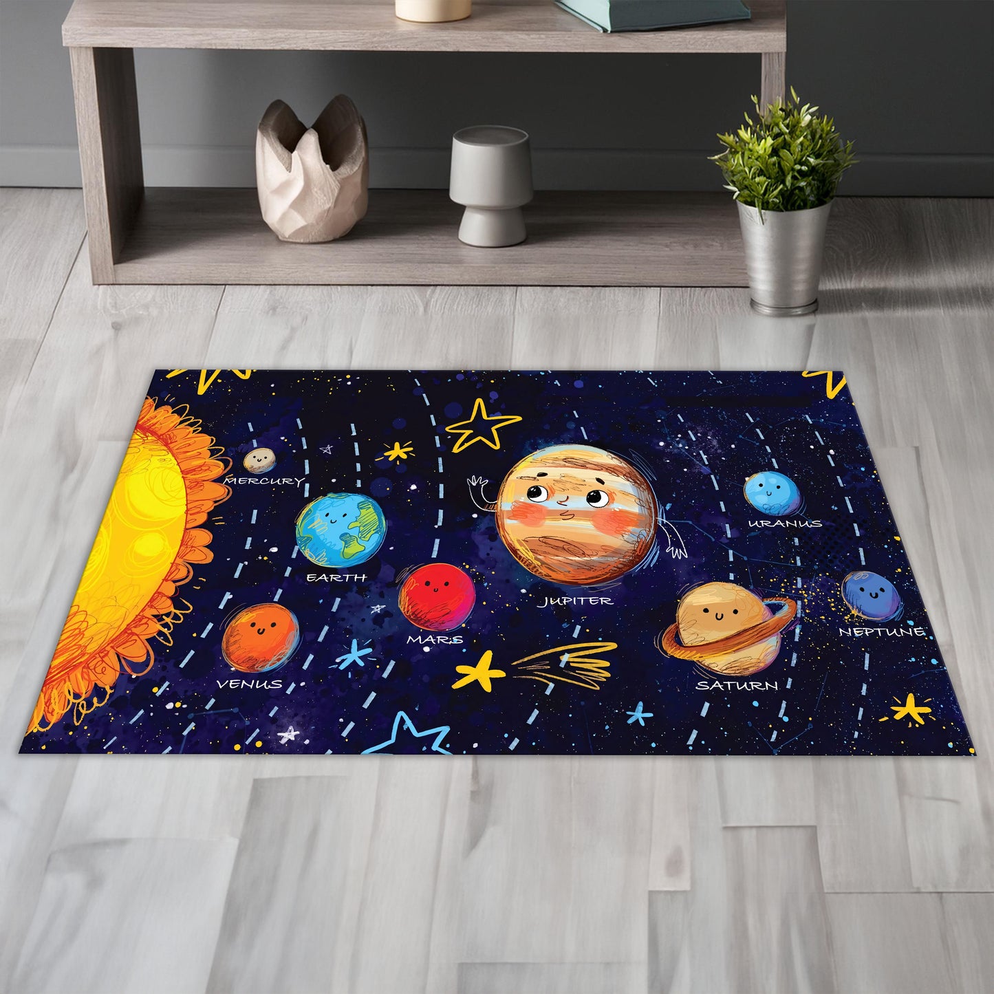 "Astronomi ve Gezegen Desenli Çocuk Halısı | Uzay Meraklısı Miniklere Özel Halı"