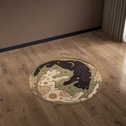 Kedi Halısı | Ay ve Yıldız Desenli Yuvarlak Halı | Meditasyon, Yatak Odası ve Oturma Odası İçin Sakinleştirici Tasarım