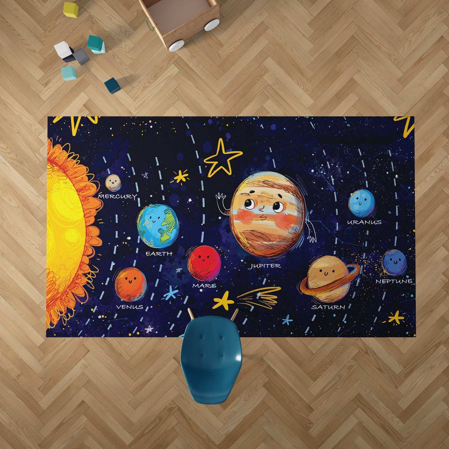 "Astronomi ve Gezegen Desenli Çocuk Halısı | Uzay Meraklısı Miniklere Özel Halı"