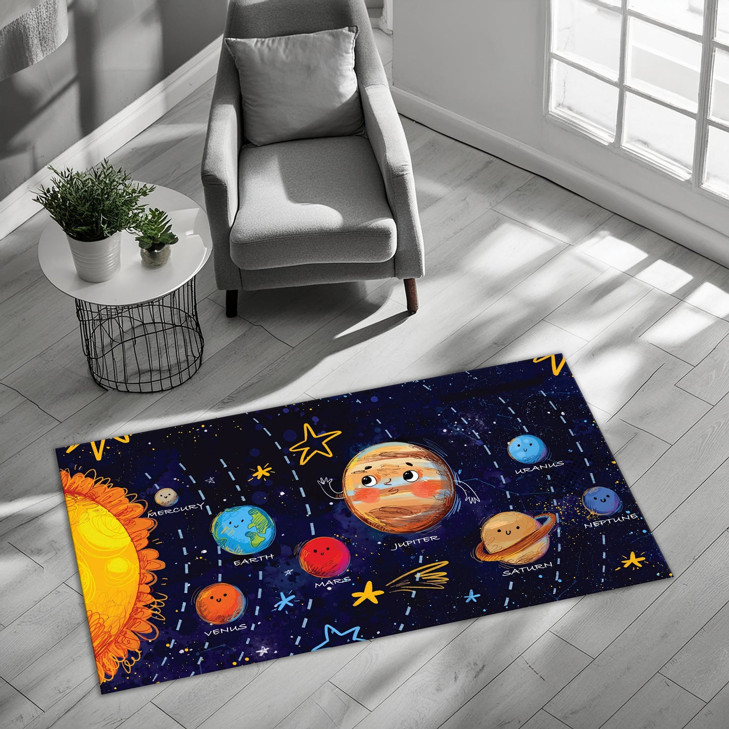"Astronomi ve Gezegen Desenli Çocuk Halısı | Uzay Meraklısı Miniklere Özel Halı"